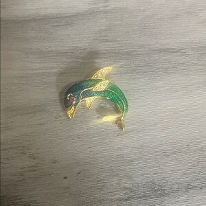 Gold-Tone Green Dolphin Brooch Pin - Women Jewelry Brooches